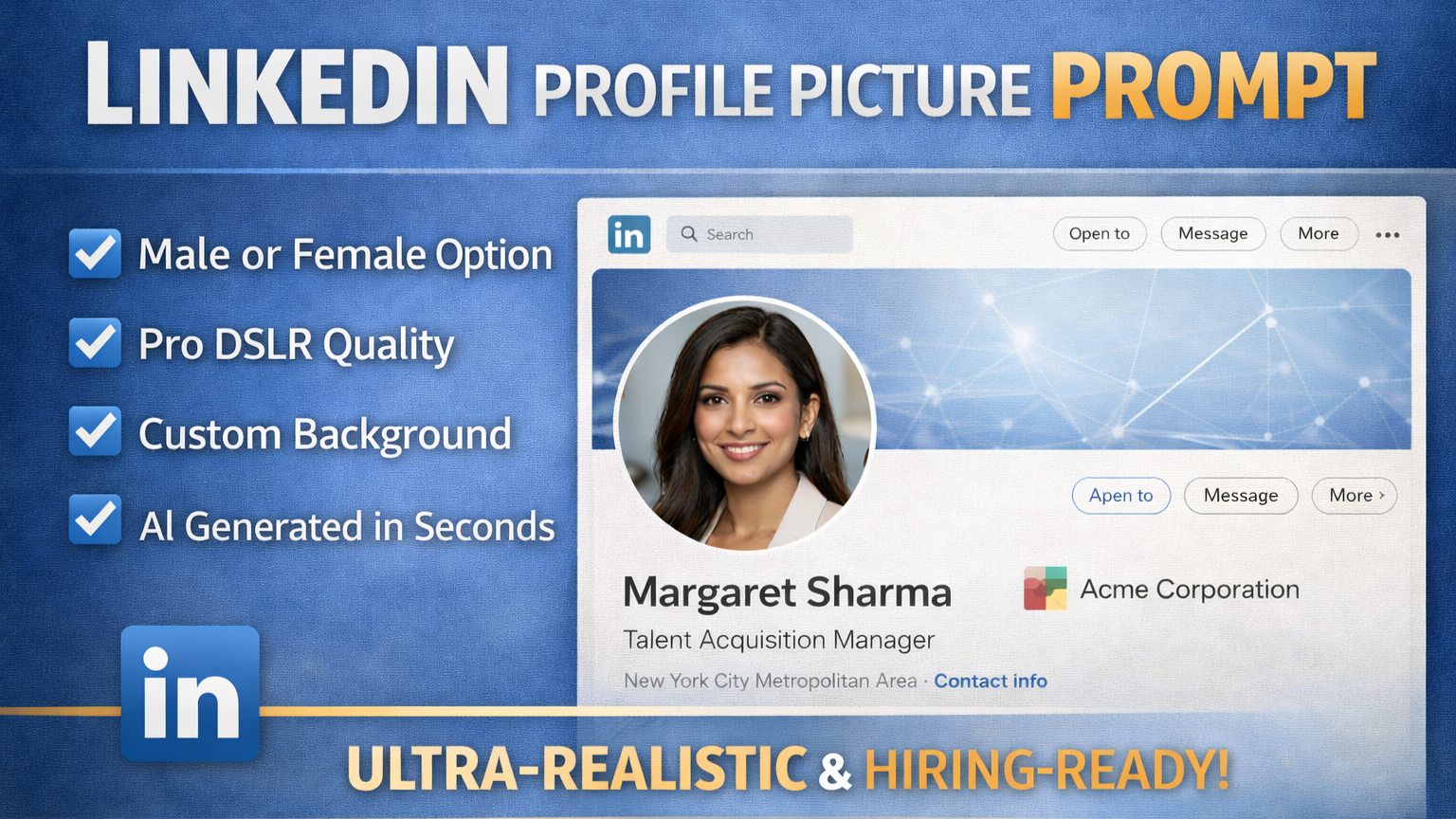 Prompt for LinkedIn Profile Picture – Professional & Ultra-Realistic AI Headshot