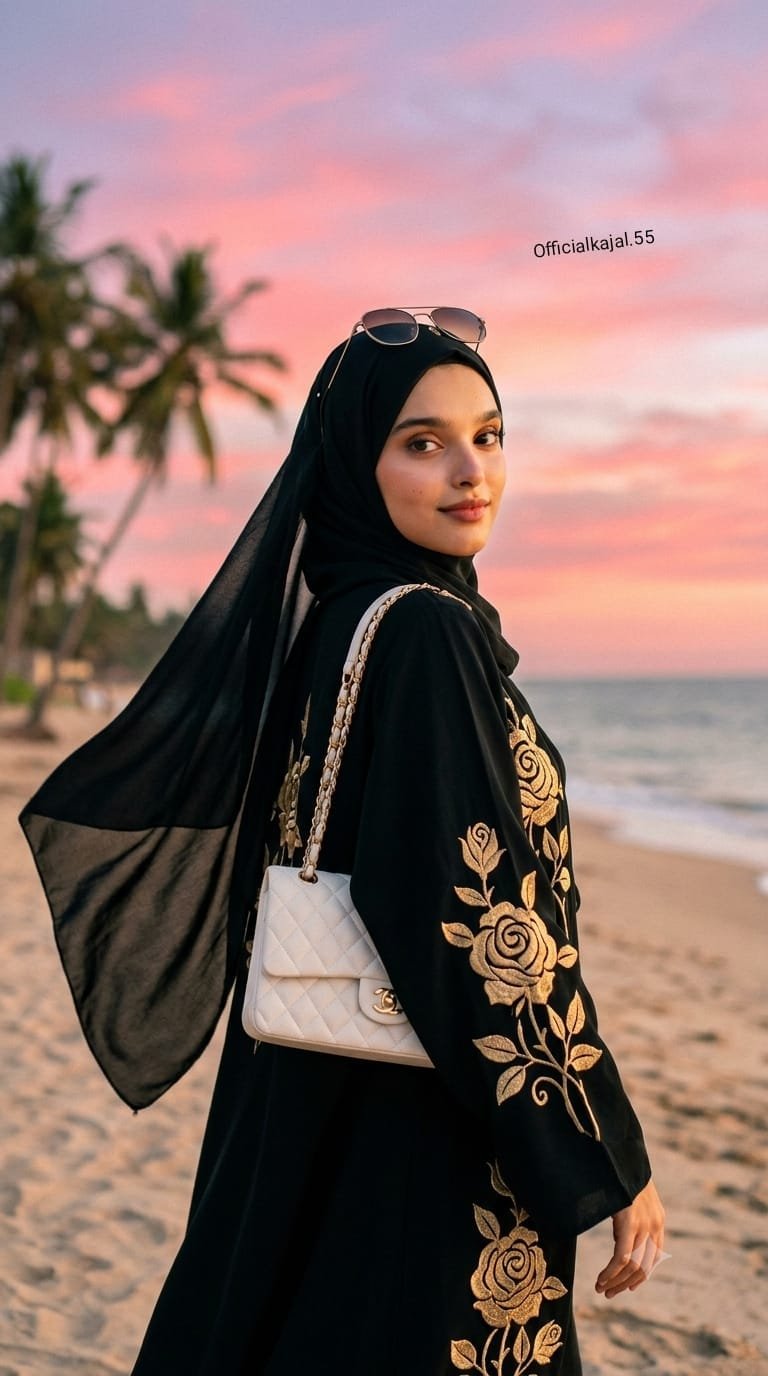 Elegant Beach Abaya Portrait Image Prompt