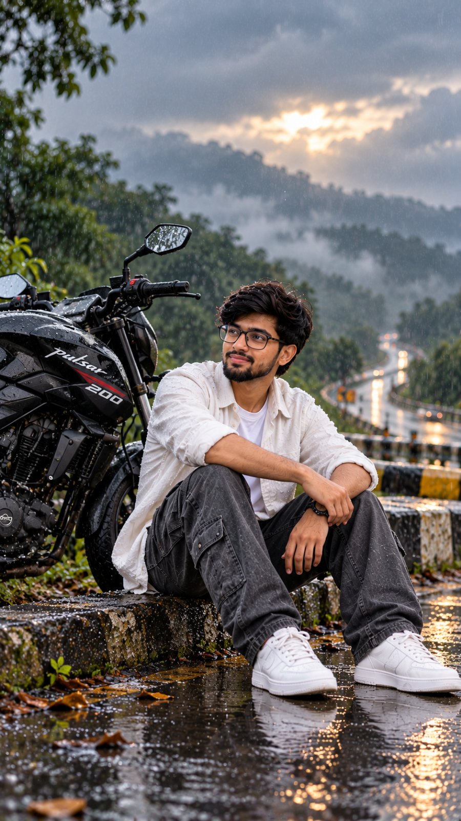 Rainy Road Motorcycle Portrait AI Prompt