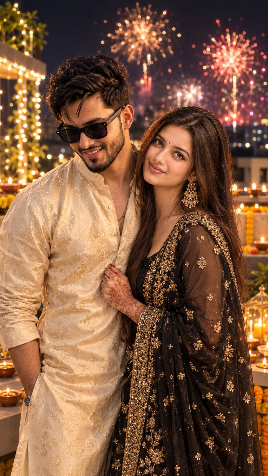Diwali Rooftop Couple Portrait AI Prompt