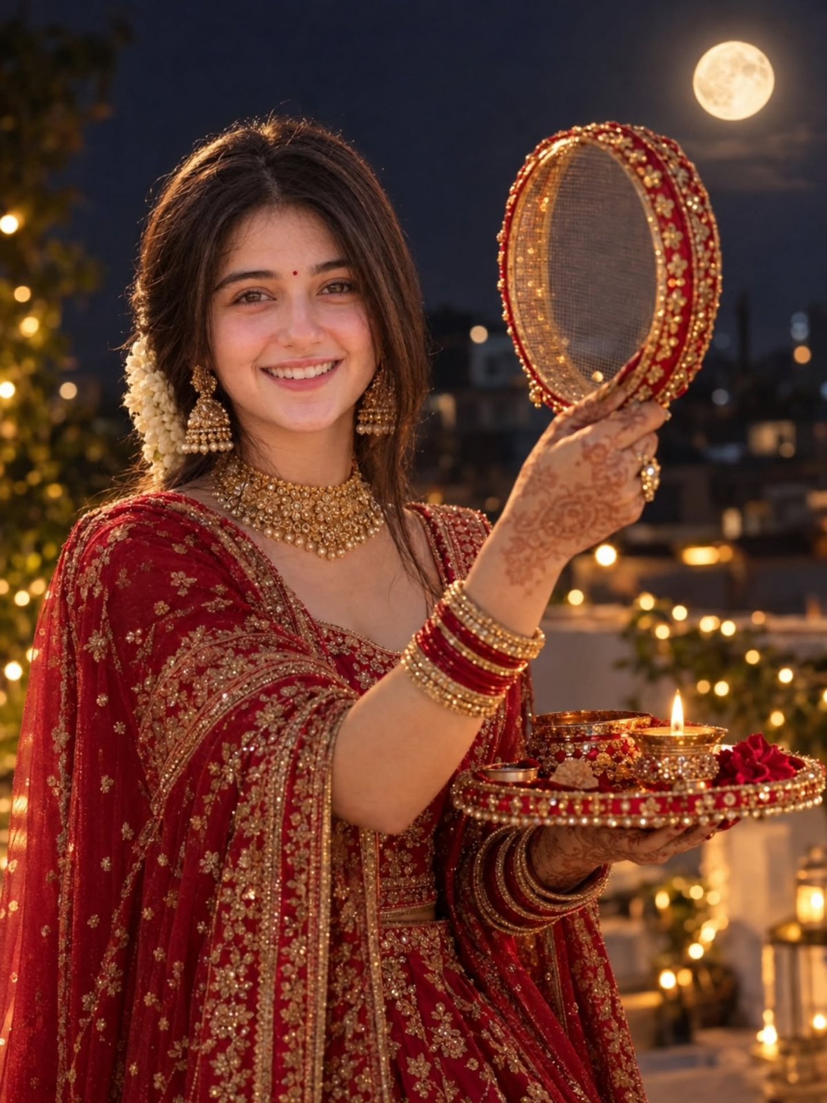 Karwa Chauth Rooftop Portrait AI Prompt