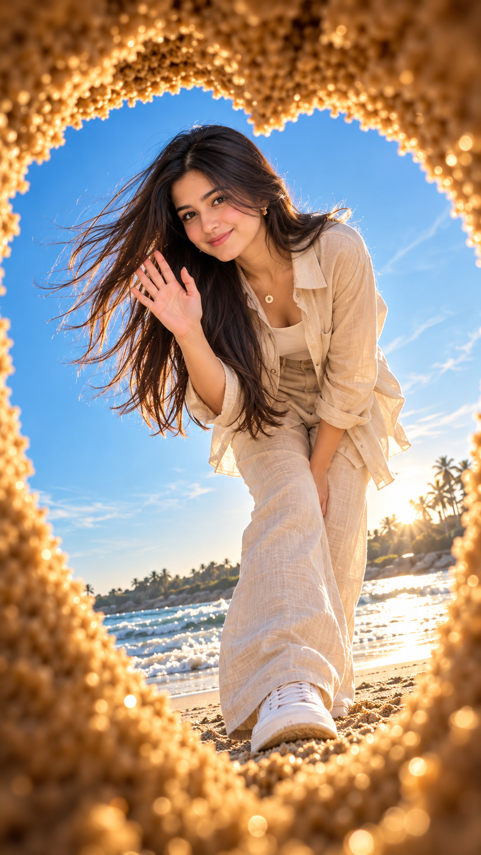 Heart‑Framed Beach Portrait Full AI Prompt