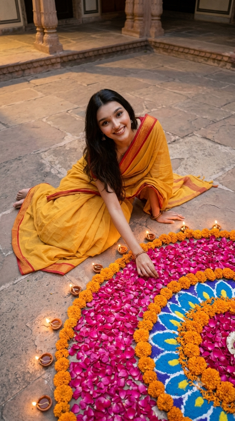Yellow Saree Rangoli Creation Image Prompt