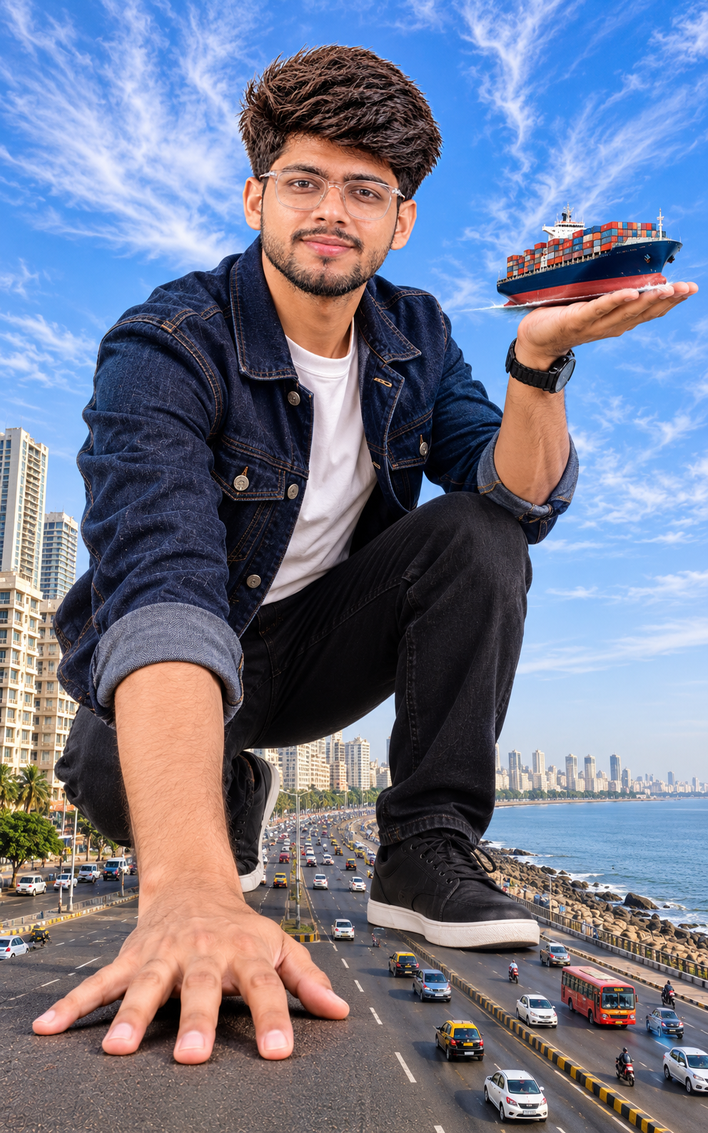 Giant Me on Coastal Highway Image Prompt